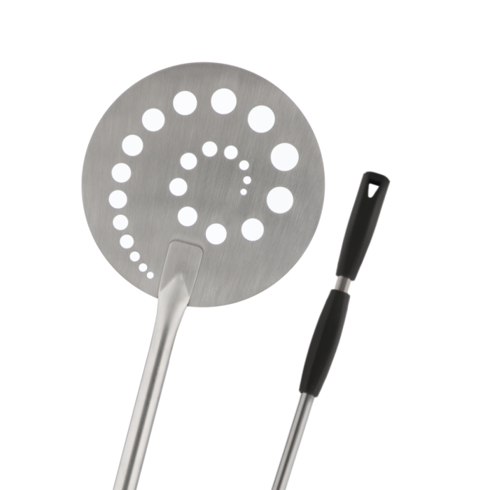 Pala a sfornare tonda forata in acciaio inox 18/10 con manico scorrevole grigio